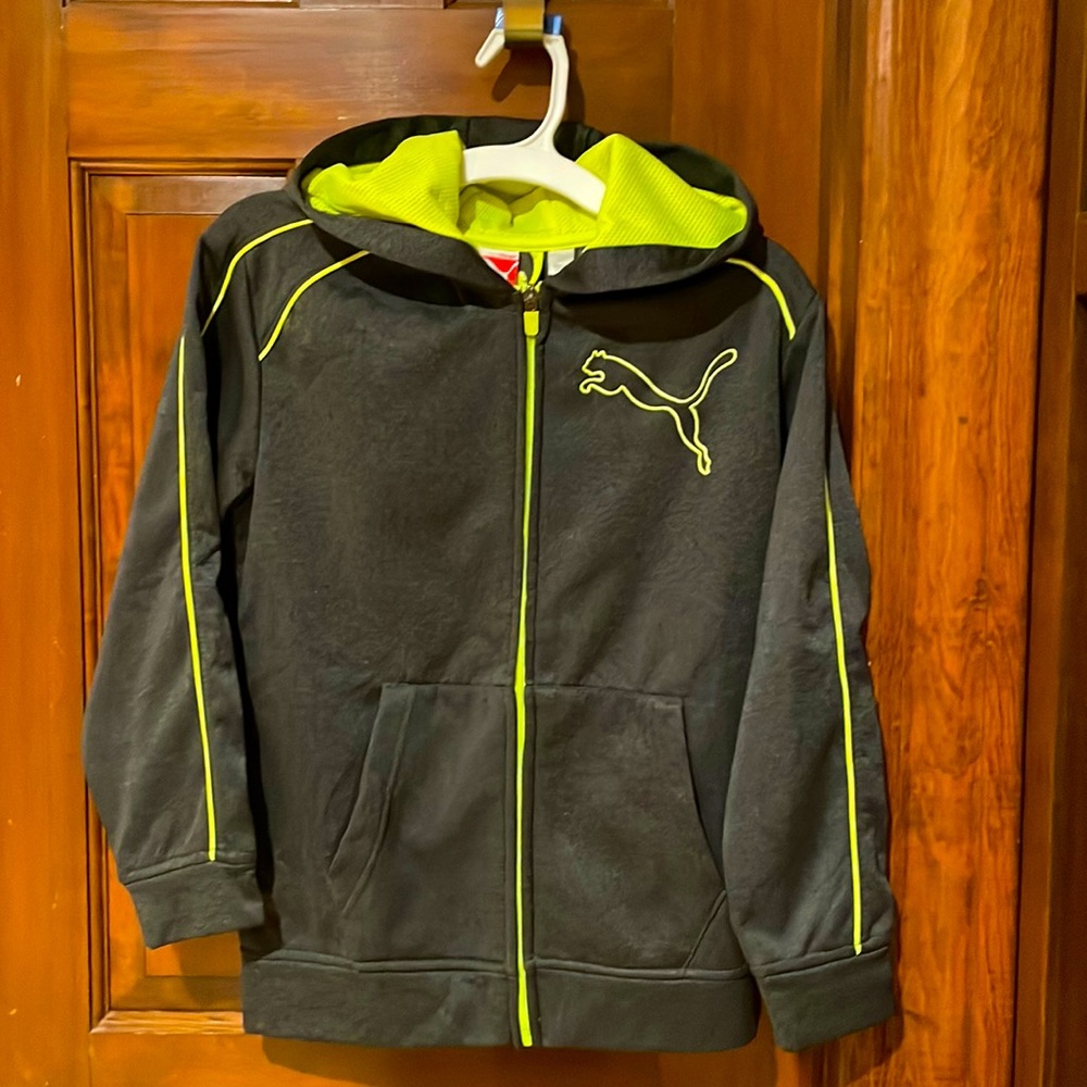 Puma boys size S hoodie, dark grey and lime green zippers and logos.